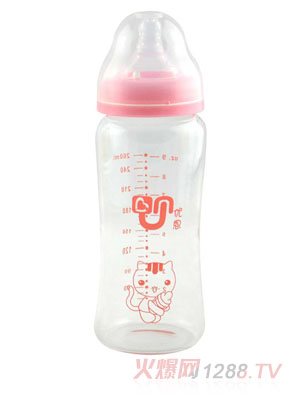優恩粉色寬口晶鉆直身玻璃奶瓶260ml