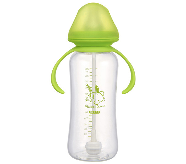 丘比兔標準口徑葫蘆型自動把手綠色玻璃奶瓶280ml