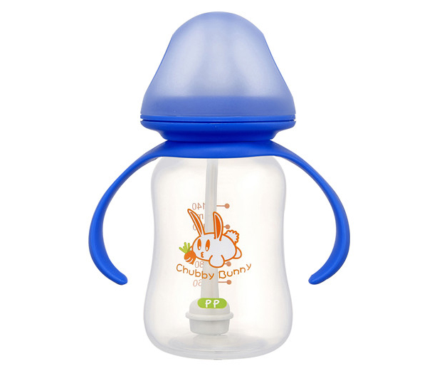 丘比兔標準口徑葫蘆型自動把手藍色PP奶瓶140ml