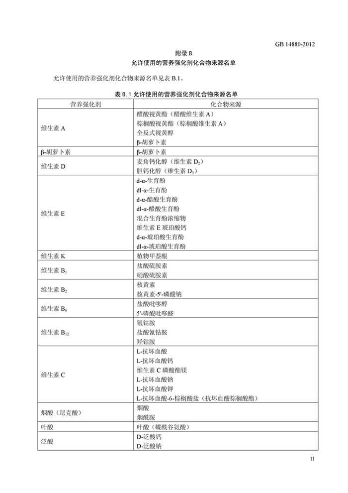 GB14880《食品安全國家標準 營養強化劑使用標準》